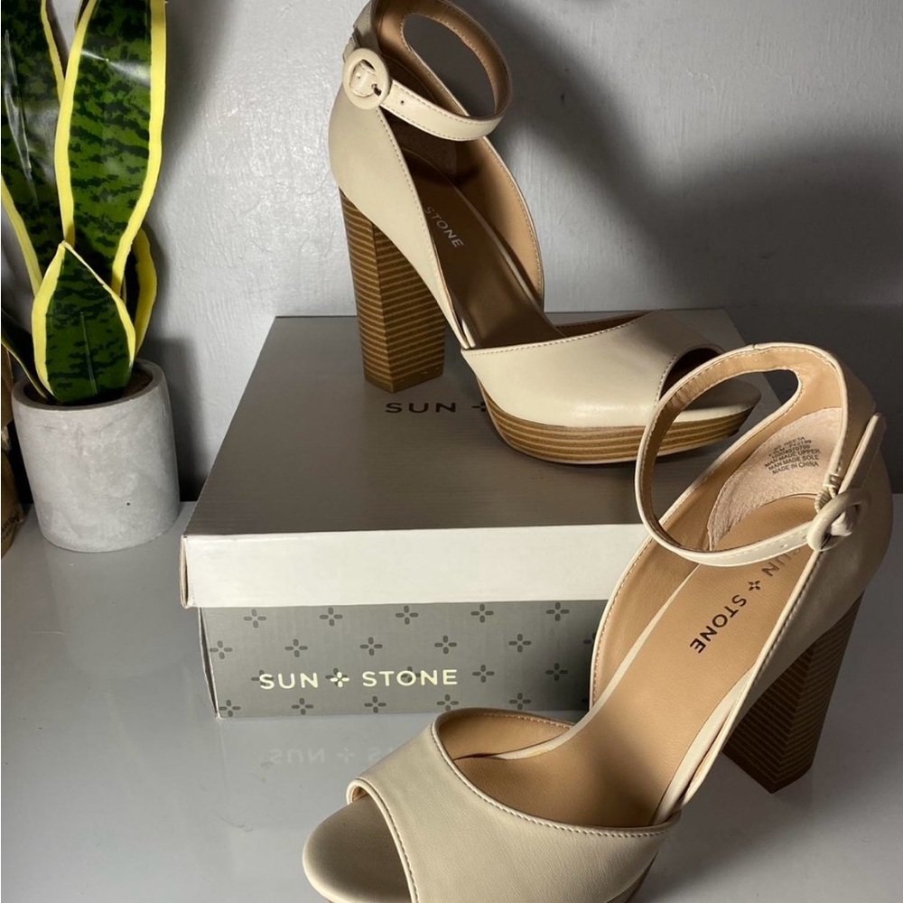 Sun + Stone Cream Ankle-Strap Block Heel Sandals